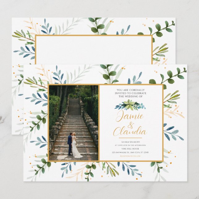 Klassische Einladung zur Hochzeit Eukalyptus (Vorne/Hinten)