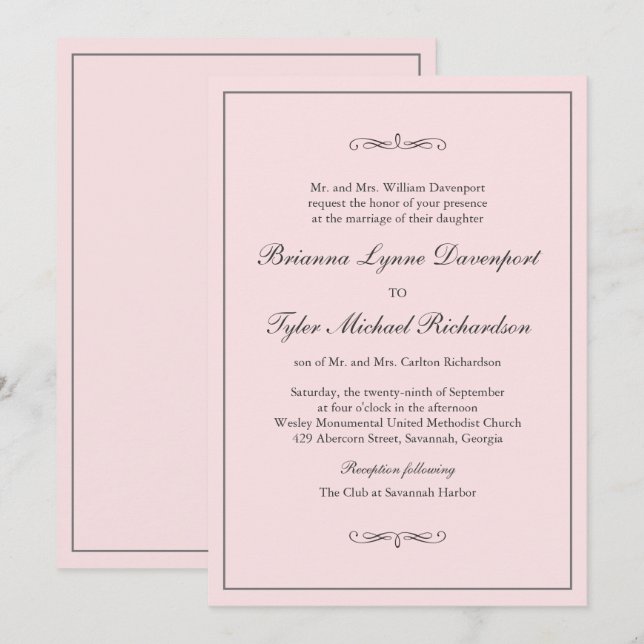 Klassische Elegance Blush Pink Wedding Einladung (Vorne/Hinten)