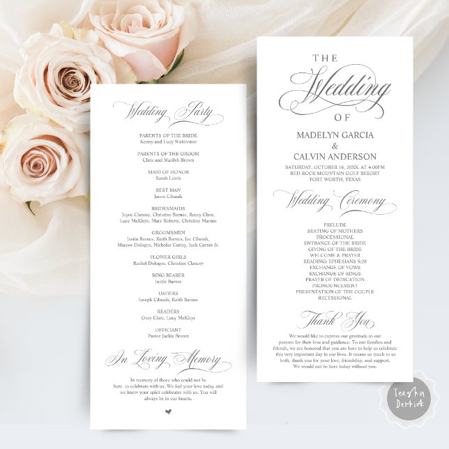 Klassische Elegance Gray Script Hochzeitsfeier Programm (Wedding Ceremony Program Card, in Classic Elegance Classy Delicate Dark Grey themed )
