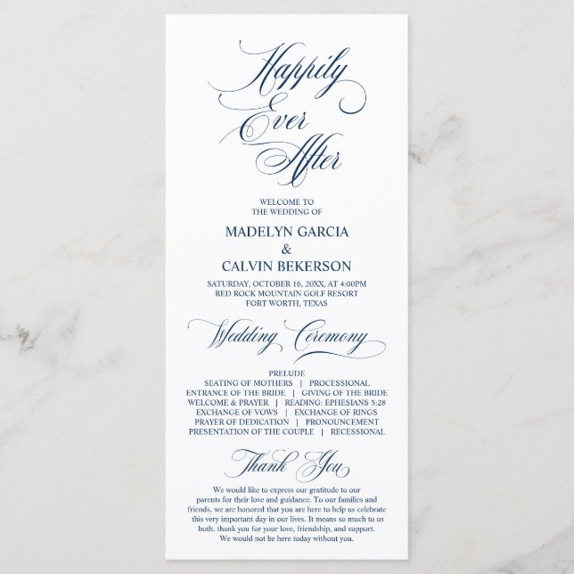 Klassische Elegance Navy Blue Script Hochzeitsfeie Programm (Vorderseite)
