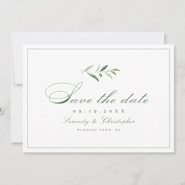 Klassische Elegance Script Einfache Grüne Save The Date (Vorderseite)
