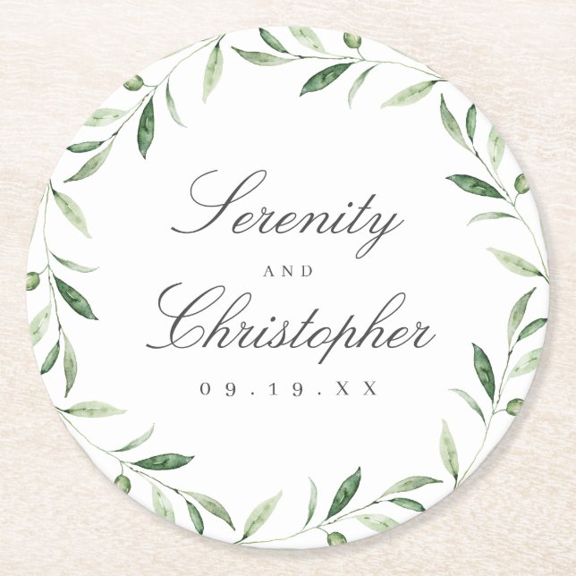 Klassische Elegance Script Greenerity Wedding Runder Pappuntersetzer (Vorderseite)