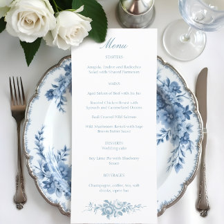 Klassische Elegant Blauer und Weiße Blumen Toile Menükarte
