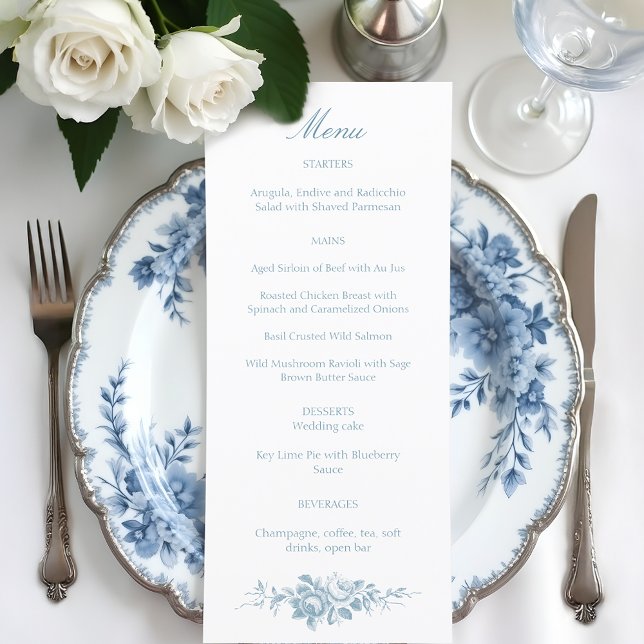 Klassische Elegant Blauer und Weiße Blumen Toile Menükarte (Von Creator hochgeladen)