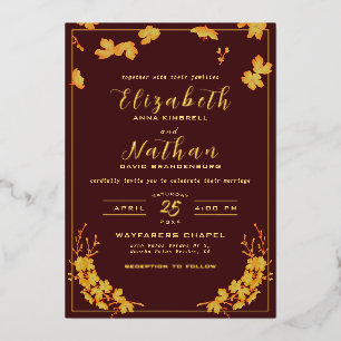 Klassische Elegant Burgundy Gold Floral Wedding Folieneinladung
