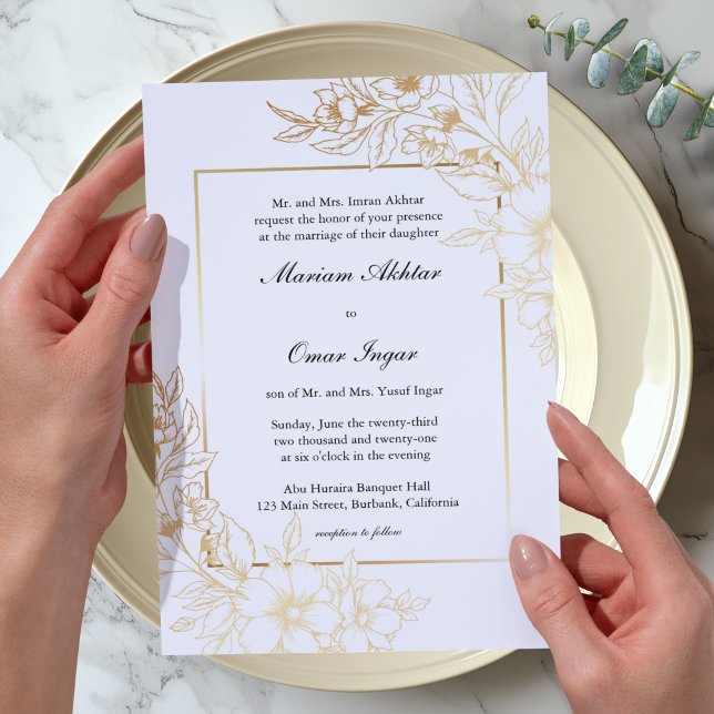 Klassische Elegant Gold Floral Islamische Hochzeit Einladung (Von Creator hochgeladen)