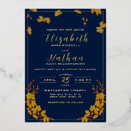 Klassische Elegant Gold Floral Navy Blue Wedding Folieneinladung