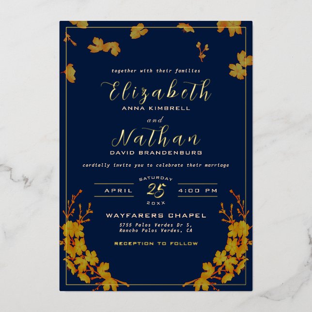 Klassische Elegant Gold Floral Navy Blue Wedding Folieneinladung (Vorderseite)