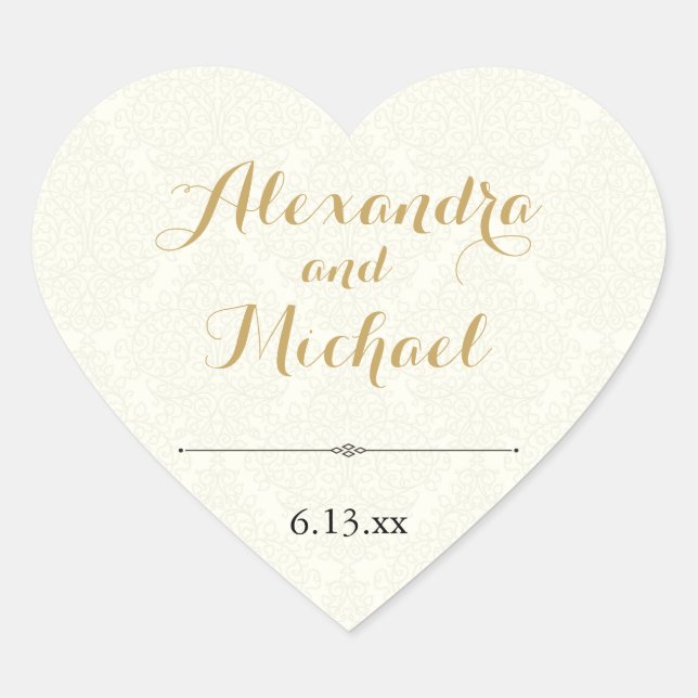 Klassische Elegant Ivory Gold Black Damask Hochzei Herz-Aufkleber (Vorderseite)