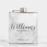 Klassische Elegant Marmorbäume Personalisierte Tra Flachmann<br><div class="desc">Klassische Elegant Marble Moderne Drehbuch Personalisierte Trauzeugen Flask mit dem Namen des personalisierten Trauzeugen im modernen kalligraphischen Schriftart Stil mit Titel und Hochzeitstermin in modernen sans serif Schriftart Stil auf weißem Marmor Hintergrund. Auch perfekt für Vater der Braut,  Trauzeuge und mehr.</div>