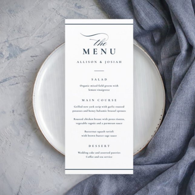 Klassische Elegant Navy Blue und White Wedding Menükarte (Elegant Navy Blue and White Wedding Menu.)