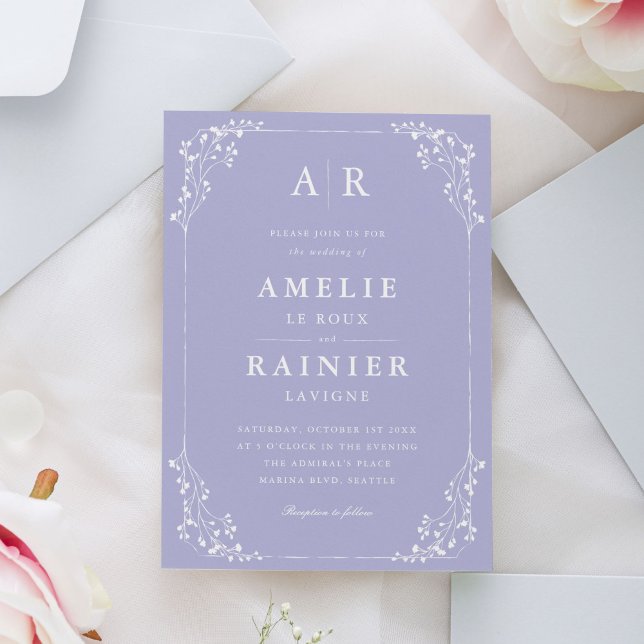 Klassische Elegant Periwinkle Romantische Hochzeit Einladung (Periwinkle Pastel Classic Wedding Invitation)