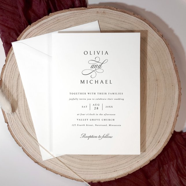 Klassische Elegante Einfache Kalligrafie Hochzeit Einladung (Simple black and white wedding invitation with elegant classic calligraphy script.)