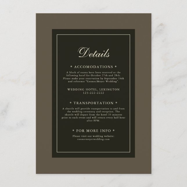 Klassische Elegante Herbst-Braun-Hochzeit Details Begleitkarte (Vorderseite)