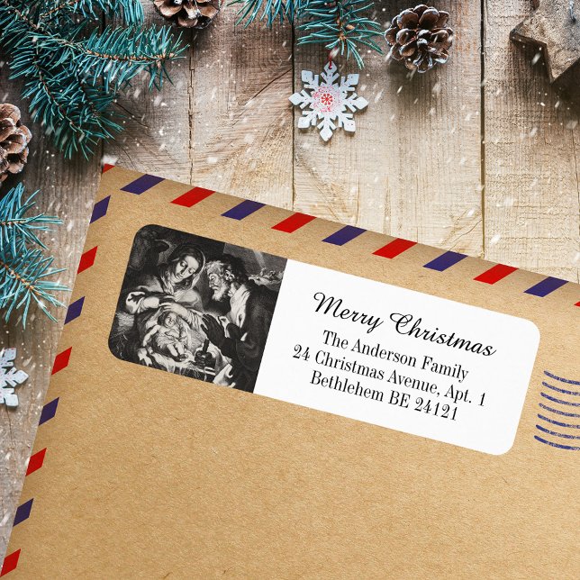 Klassische Elegante Religiöse Christlich Heilige W (Classic Elegant Black and White Religious Christian Catholic Christmas Holiday Return Address Label)
