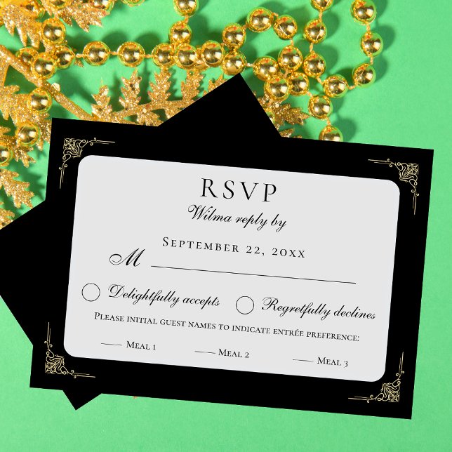 Klassische Elegante Schwarz-weiß Beige Speisen UAW RSVP Karte (Von Creator hochgeladen)