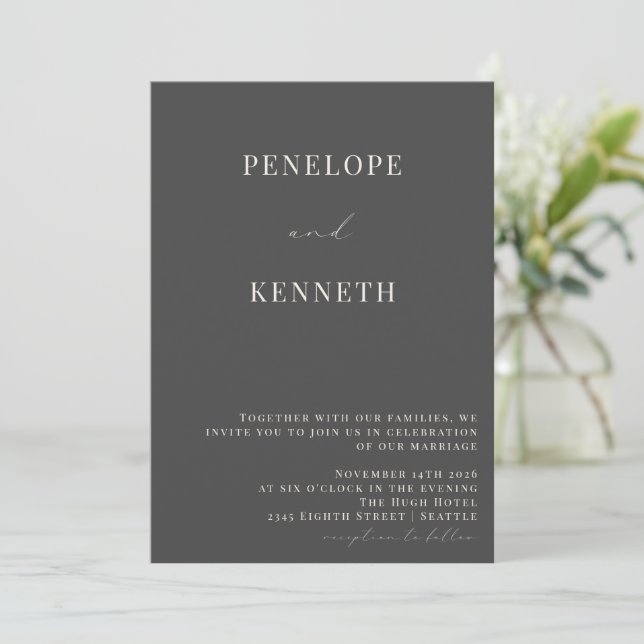 Klassische, elegante Schwarz-Weiß-Script-Hochzeit Einladung (Stehend Vorderseite)
