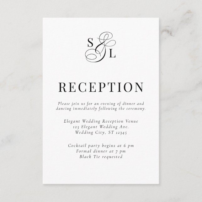Klassische, elegante Skriptmonogramm-Hochzeitsempf Begleitkarte (Vorderseite)