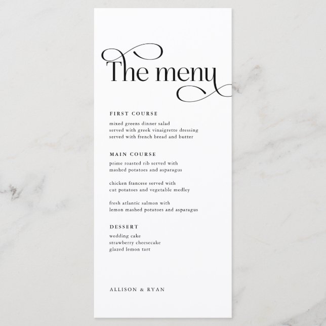 Klassische elegante Speisekarten für Hochzeiten Menükarte (Vorderseite)