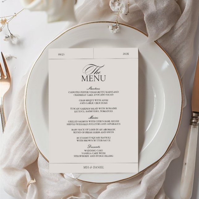 Klassische Elegante Vintage Hochzeit Menükarte (Classic Elegant Light Gray Vintage Label Wedding Menu)