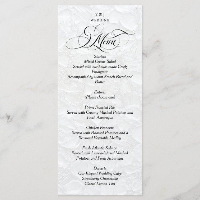 Klassische Elegante White Wedding Menükarte (Vorderseite)
