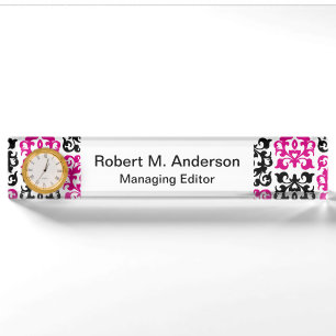 Klassische Elemente aus Hot Pink und Black Damask Namensplakette