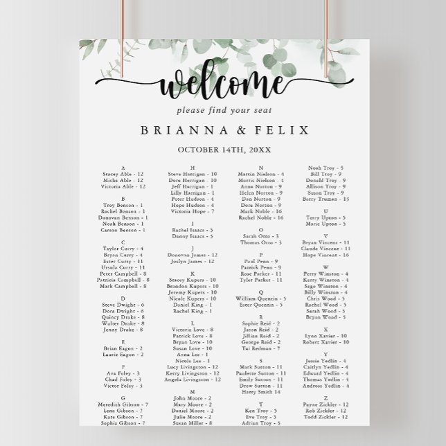 Klassische Eukalyptus-Alphabetische Sitzkarte Poster (Von Creator hochgeladen)