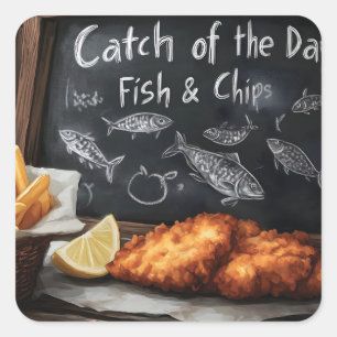 Klassische Fische und Chips und Schwarze Pappe Quadratischer Aufkleber