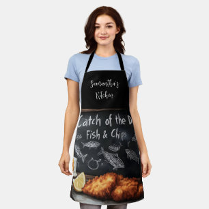 Klassische Fische und Chips und Schwarze Pappe Schürze