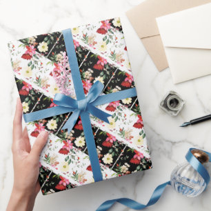 Klassische Floral Pink schwarz-weiß Diagonal Strei Geschenkpapier