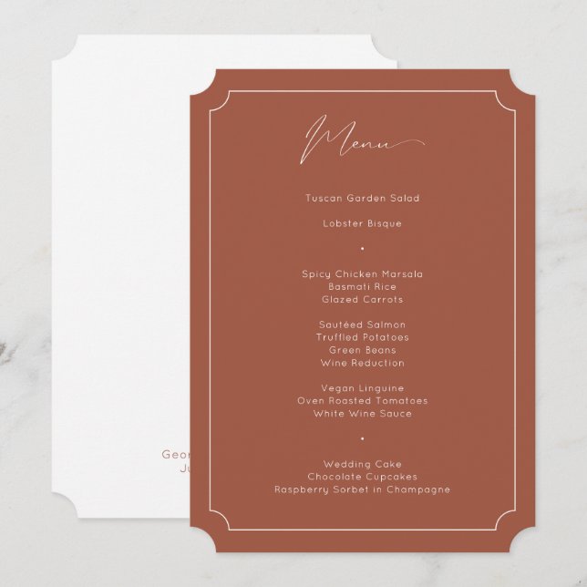 Klassische formale Kalligrafie Terracotta Wedding Menükarte (Vorne/Hinten)