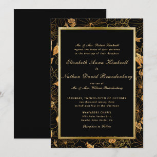 Klassische formale Schwarz-Gold-Blätter-Hochzeit Einladung
