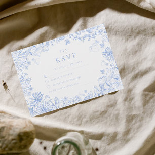Klassische französische blaue weiße Blumenhochzeit RSVP Karte