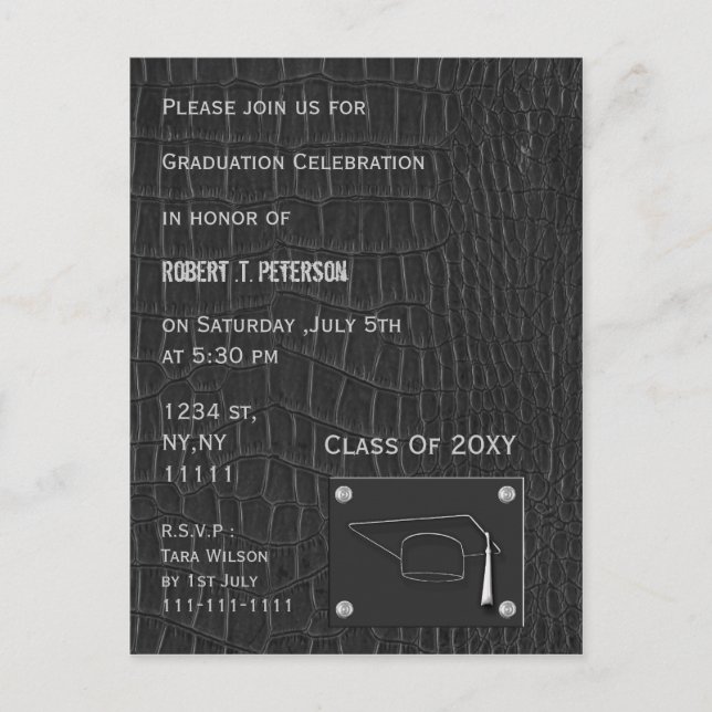 Klassische Graduiertenparty für Grauleder Einladun Einladungspostkarte (Vorderseite)