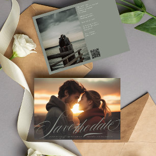 Klassische graugrüne Kalligrafie QR Code Zwei Foto Save The Date