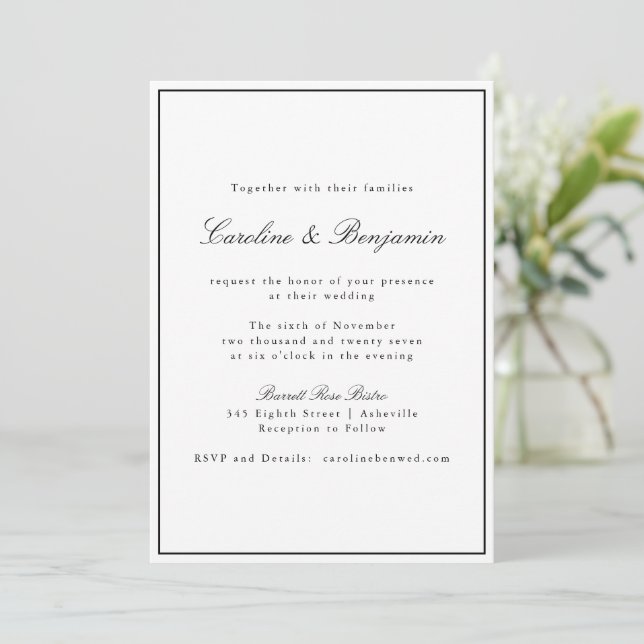 Klassische Grenz-Script-Elegante Hochzeit in einem Einladung (Stehend Vorderseite)