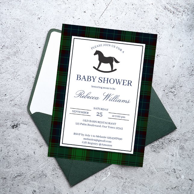 Klassische grüne karierte Rockpferddusche Einladung (Classic emerald green plaid vintage rocking horse baby shower invitation cards template)