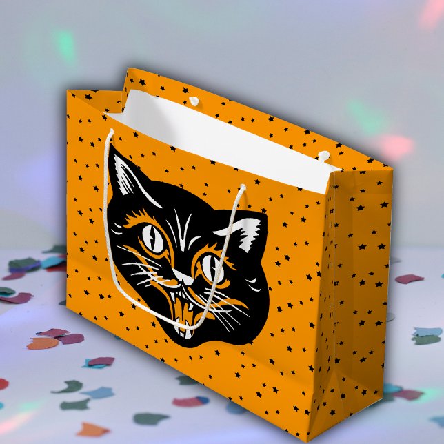 Klassische Halloween Black Cat Happy Face Black St Große Geschenktüte (Happy Halloween black cat face on black stars on orange gift bag.)