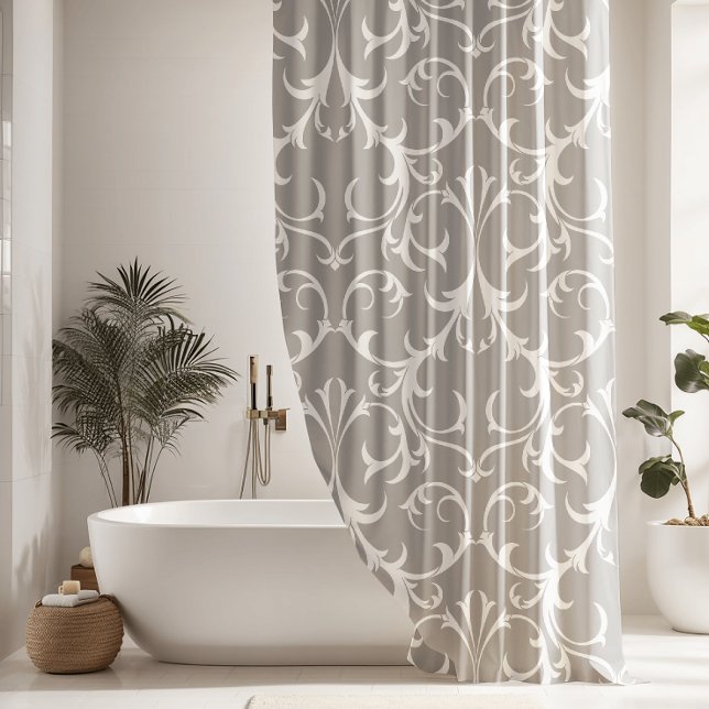 Klassische, hellgraue und weiße Damastenflora Duschvorhang (Von Creator hochgeladen)