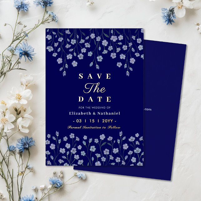 Klassische Hochzeit der floralen Navy mit Gold ret Folieneinladung (Von Creator hochgeladen)