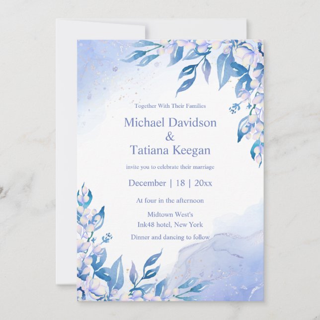 klassische Hochzeit in Aquarellblau Einladung (Vorderseite)