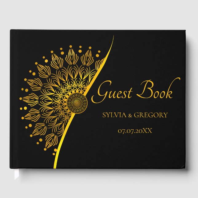 Klassische Hochzeit in elegantem Schwarz und Gold Gästebuch (Vorderseite)