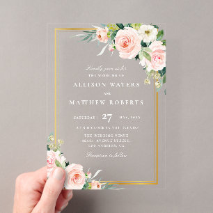 Klassische Hochzeit in Gold und Rosa Acryleinladungen