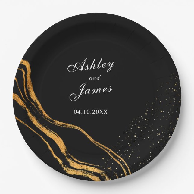 Klassische Hochzeit in Schwarz und Gold Pappteller (Vorderseite)