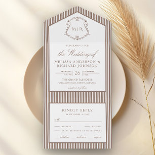 Klassische Hochzeit mit Braun gestreifter Crest-Mo All In One Einladung