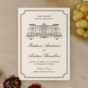Klassische Hochzeit mit Gutshof-Illustration Save The Date