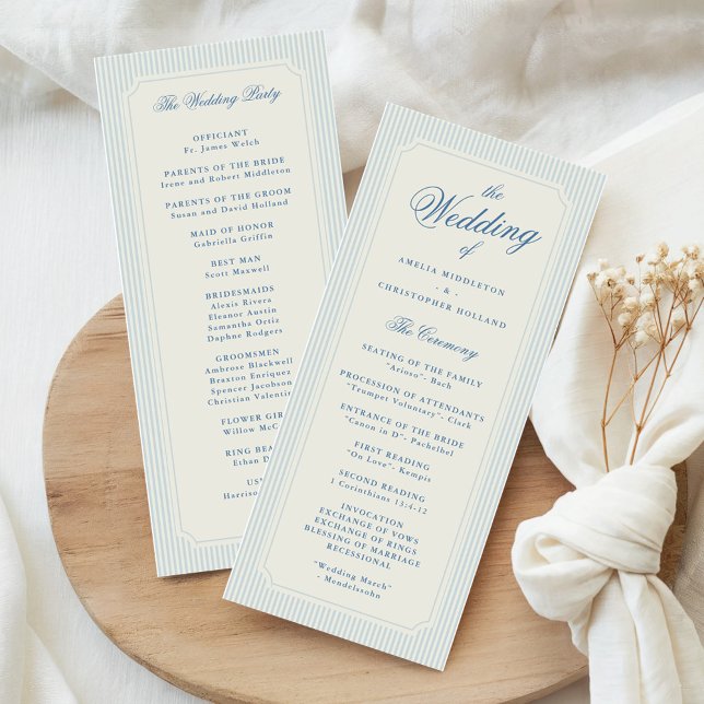 Klassische Hochzeit mit hellblauen Streifen Programm (classic and elegant light blue stripes wedding church program)