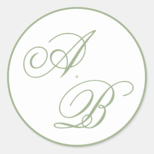 Klassische Hochzeit mit Salbeigrünem Rand Monogram Runder Aufkleber