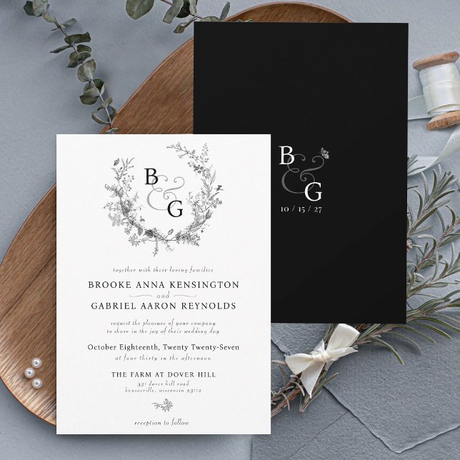 Klassische Hochzeit mit Vintagem Wappen Einladung (Elegant classic simple vintage floral monogram crest logo black and white modern wedding invitation)