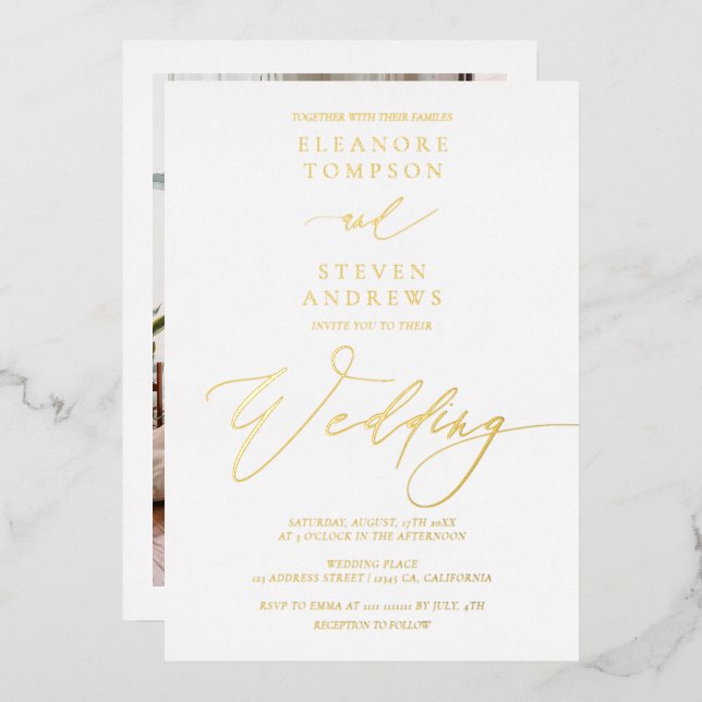 Klassische Hochzeit mit weißem Gold Folieneinladung (Vorderseite/Rückseite)